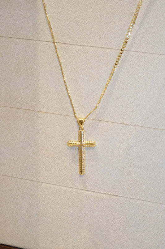 Outlined Cross Pendant — Gold — edited real-life photo