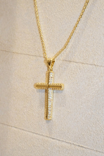 Outlined Cross Pendant — Gold — edited real-life photo
