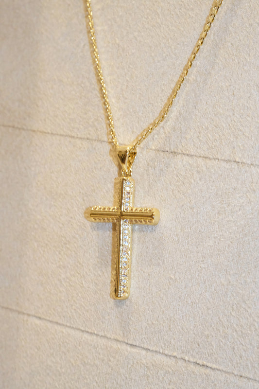Outlined Cross Pendant — Gold — edited real-life photo
