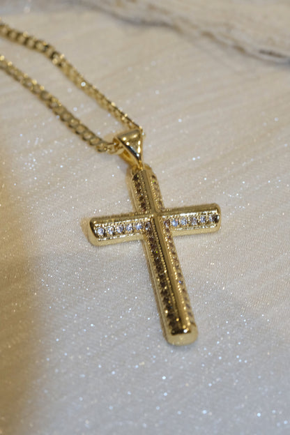 Outlined Cross Pendant — Gold — edited real-life photo