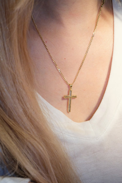 Outlined Cross Pendant — Gold — edited real-life photo