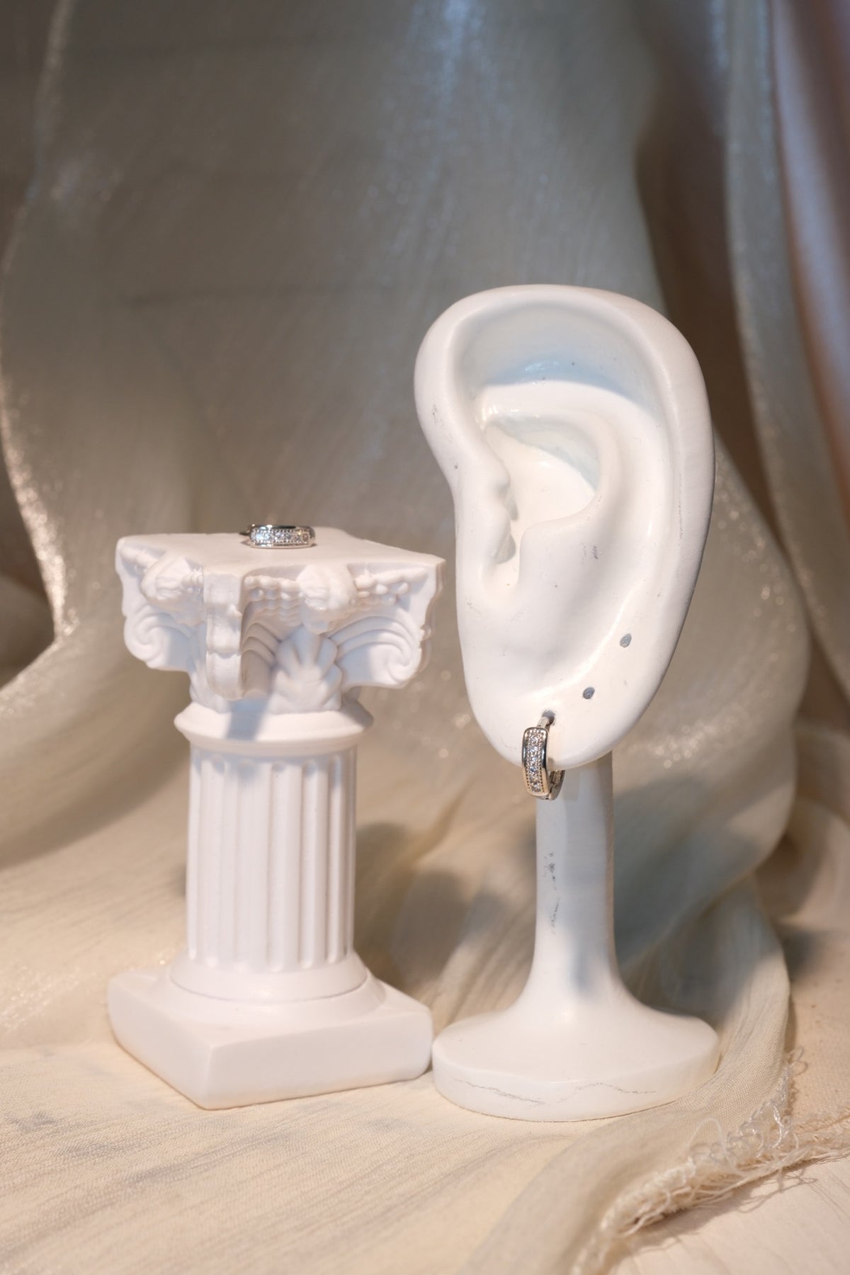 Pave Band Hoop Earrings — Silver — real-life photo