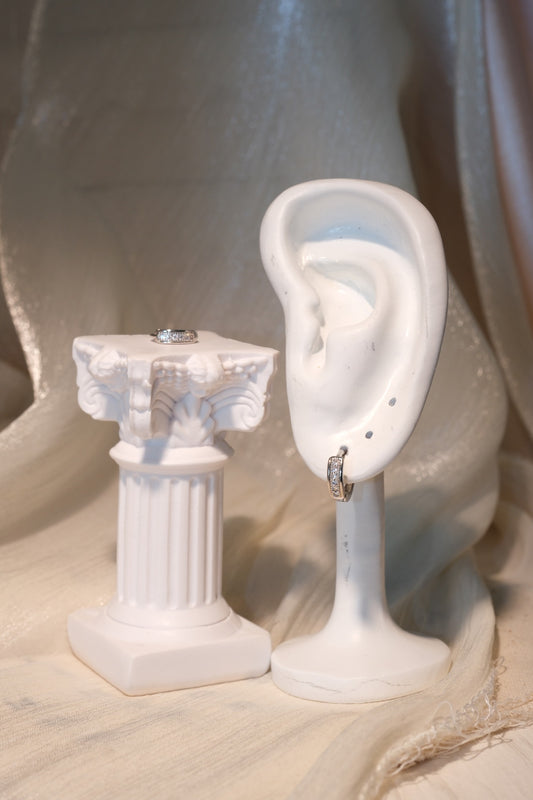 Pave Band Hoop Earrings — Silver — real-life photo