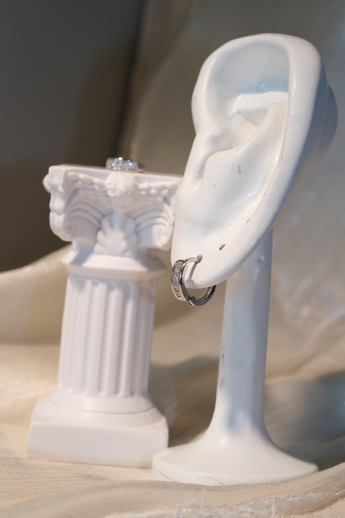 Pave Band Hoop Earrings — Silver — real-life photo