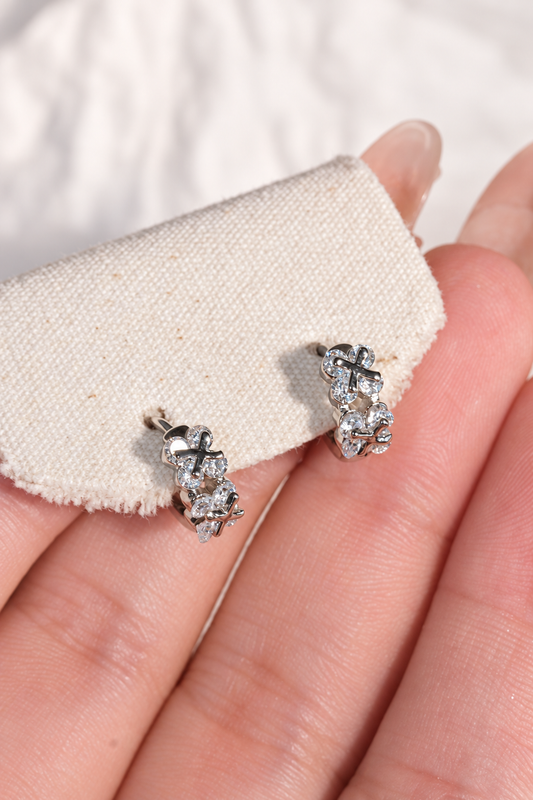 Silver Tone Double Flower Huggie Hoop Earrings in stainless steel, view 1