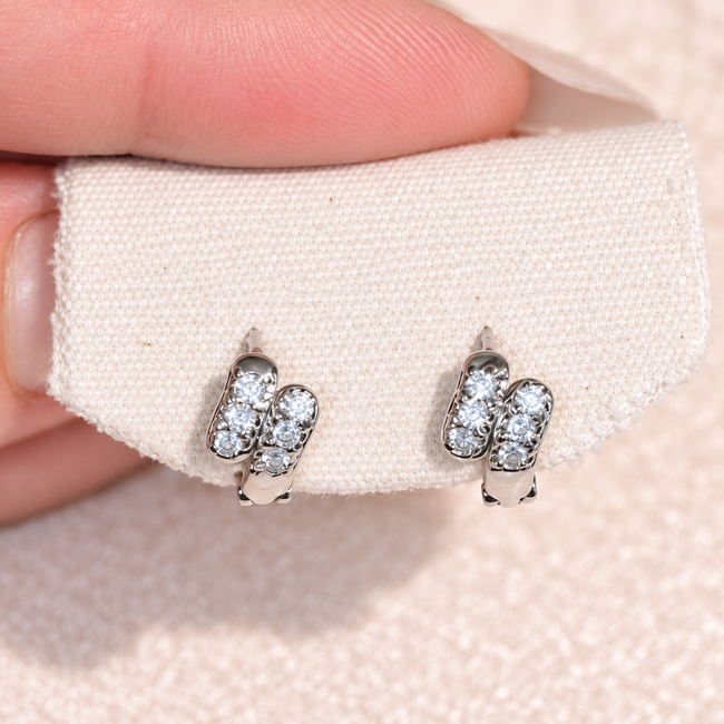 Silver Tone Double Row Stone Huggie Hoop Earrings