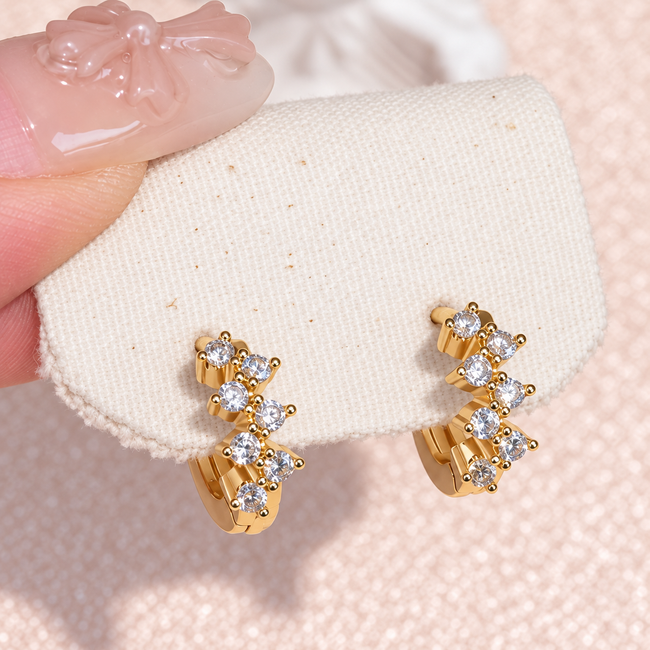 Gold Tone Double Flower Huggie Hoop Earrings