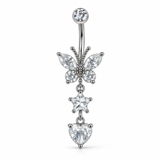 Butterfly Star Heart Belly Ring — white background product photo