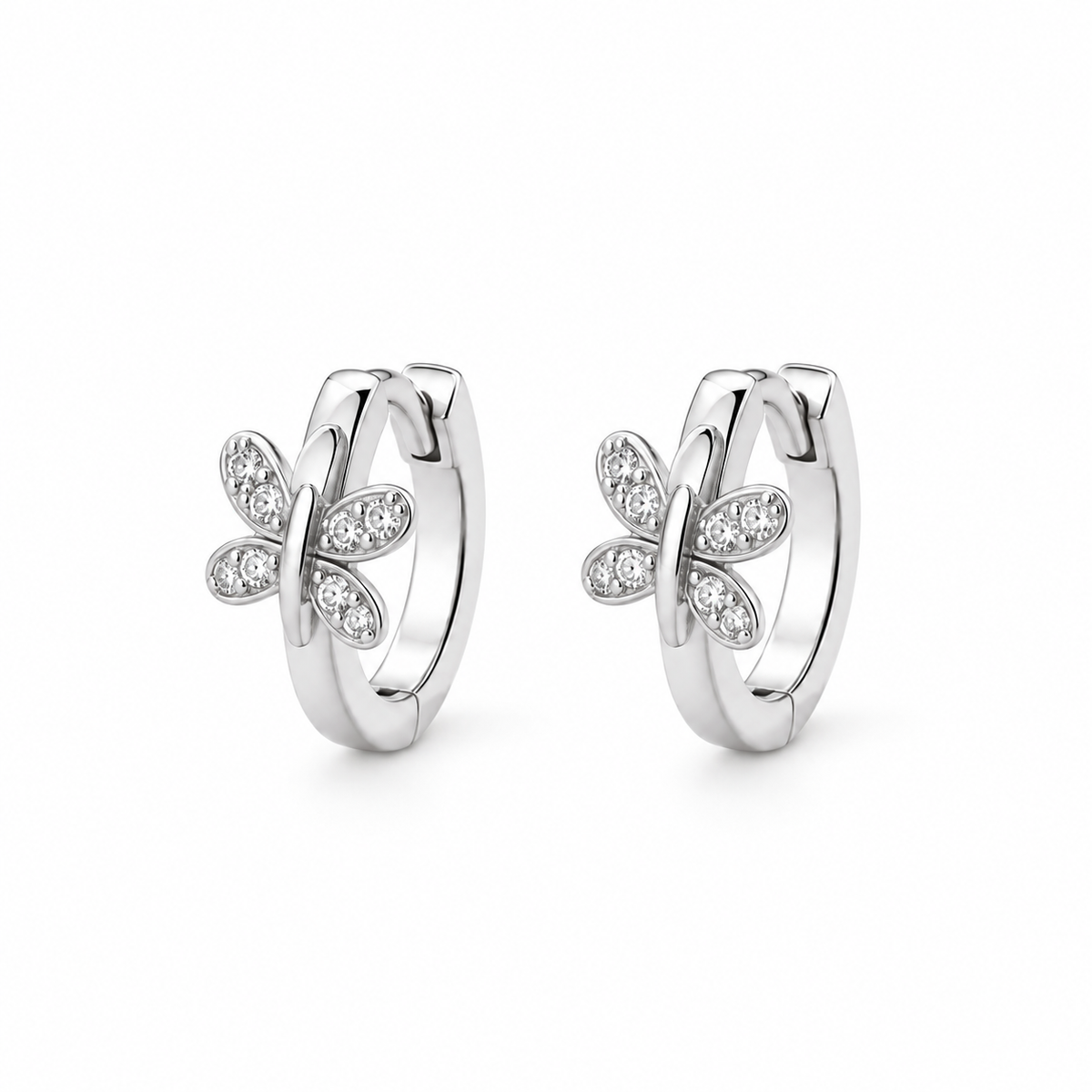 Papillon Butterfly CZ Huggie Hoops — white background product photo