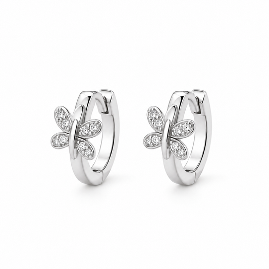Papillon Butterfly CZ Huggie Hoops — white background product photo