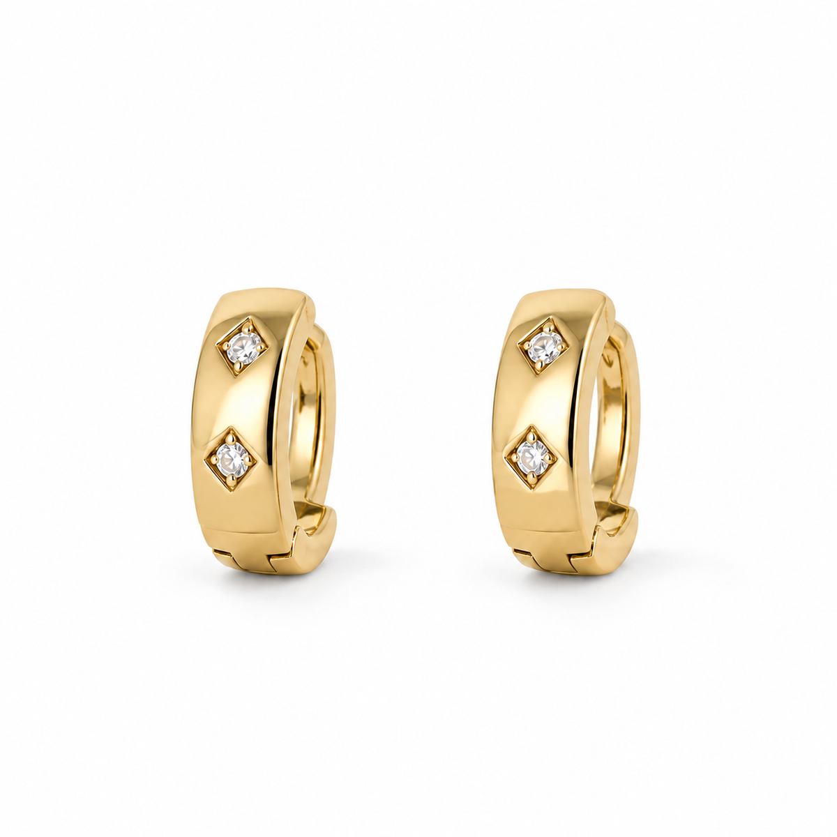 Duo Diamond-Shaped CZ Huggie Hoops — white background product photo