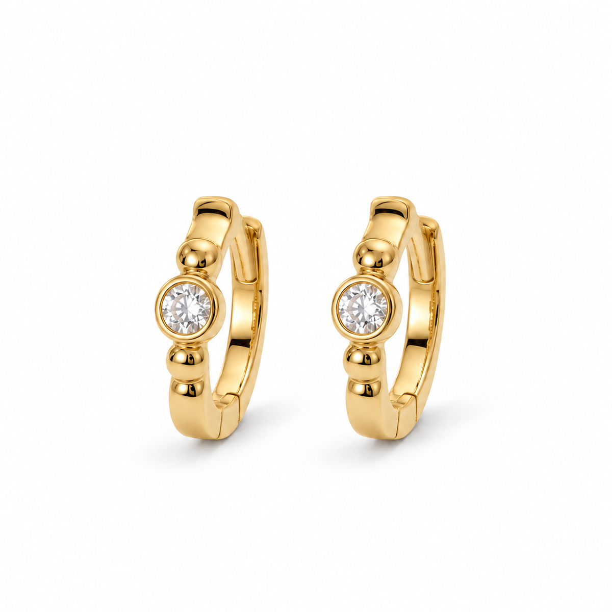 Dot Solitaire CZ Beaded Huggie Hoops — white background product photo
