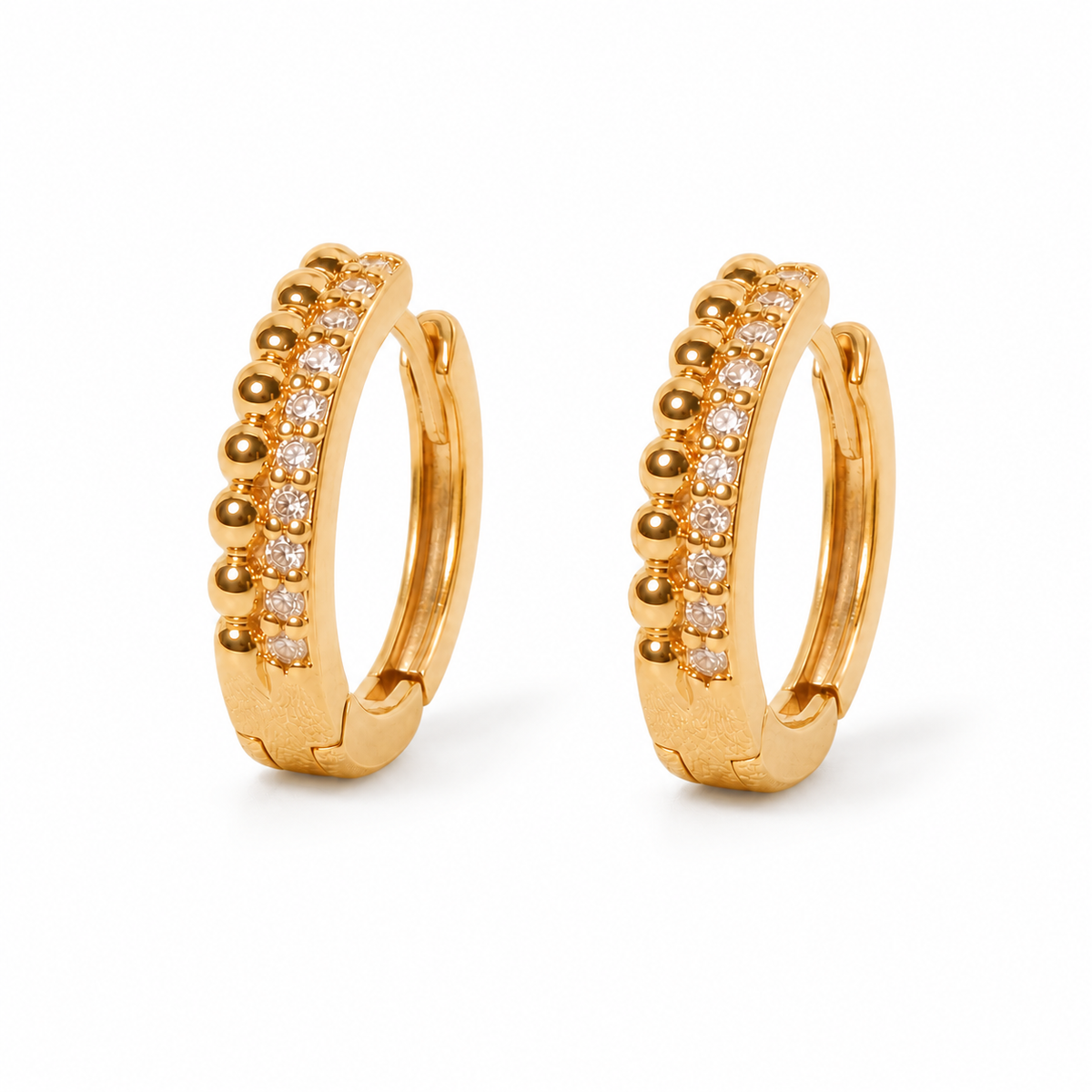 Milgrain Beaded Pavé CZ Huggie Hoops — white background product photo