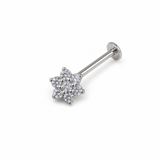 Silver Cluster Flower Flat Back Labret, Cubic Zirconia Cartilage Earring, Stainless Steel Helix Tragus Stud