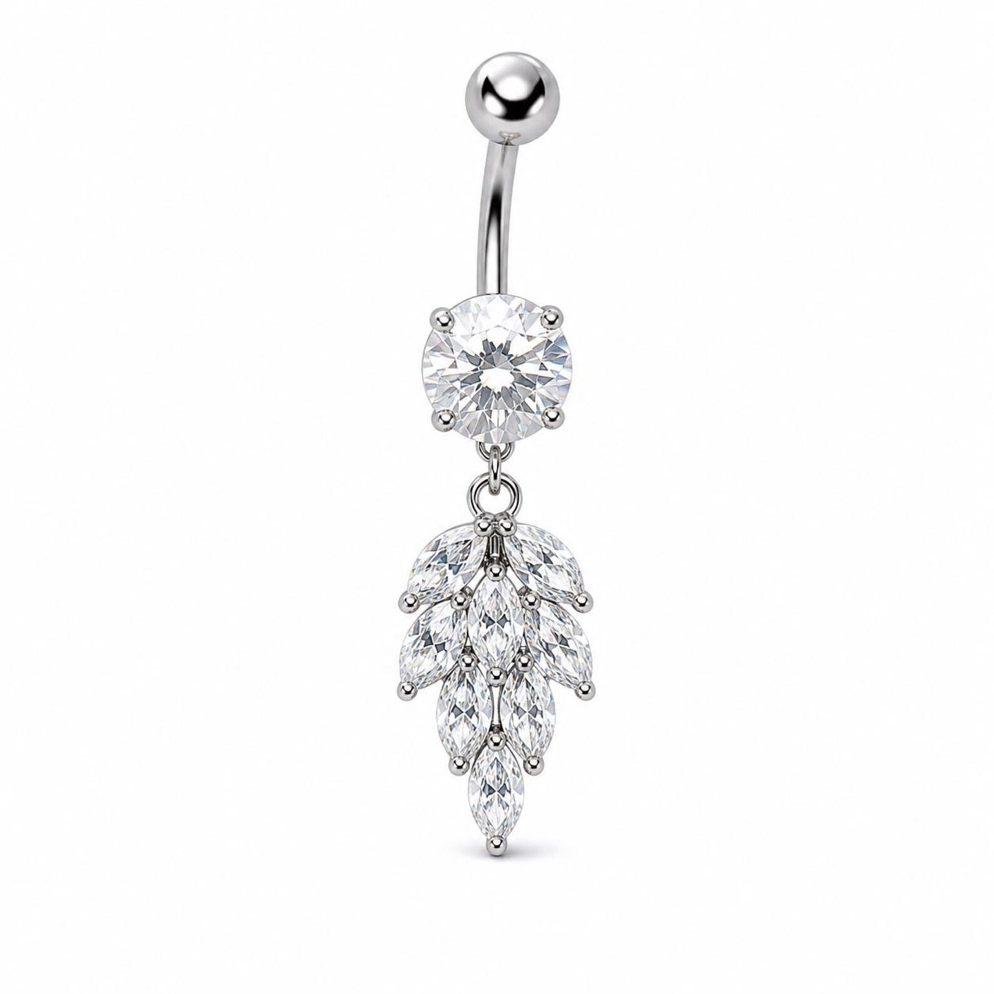 Stainless Steel Leaf Dangle Cubic Zirconia Belly Button Ring
