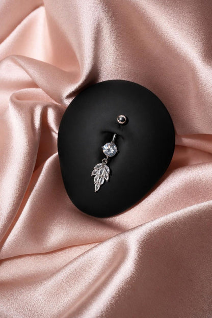 Stainless Steel Leaf Dangle Cubic Zirconia Belly Button Ring