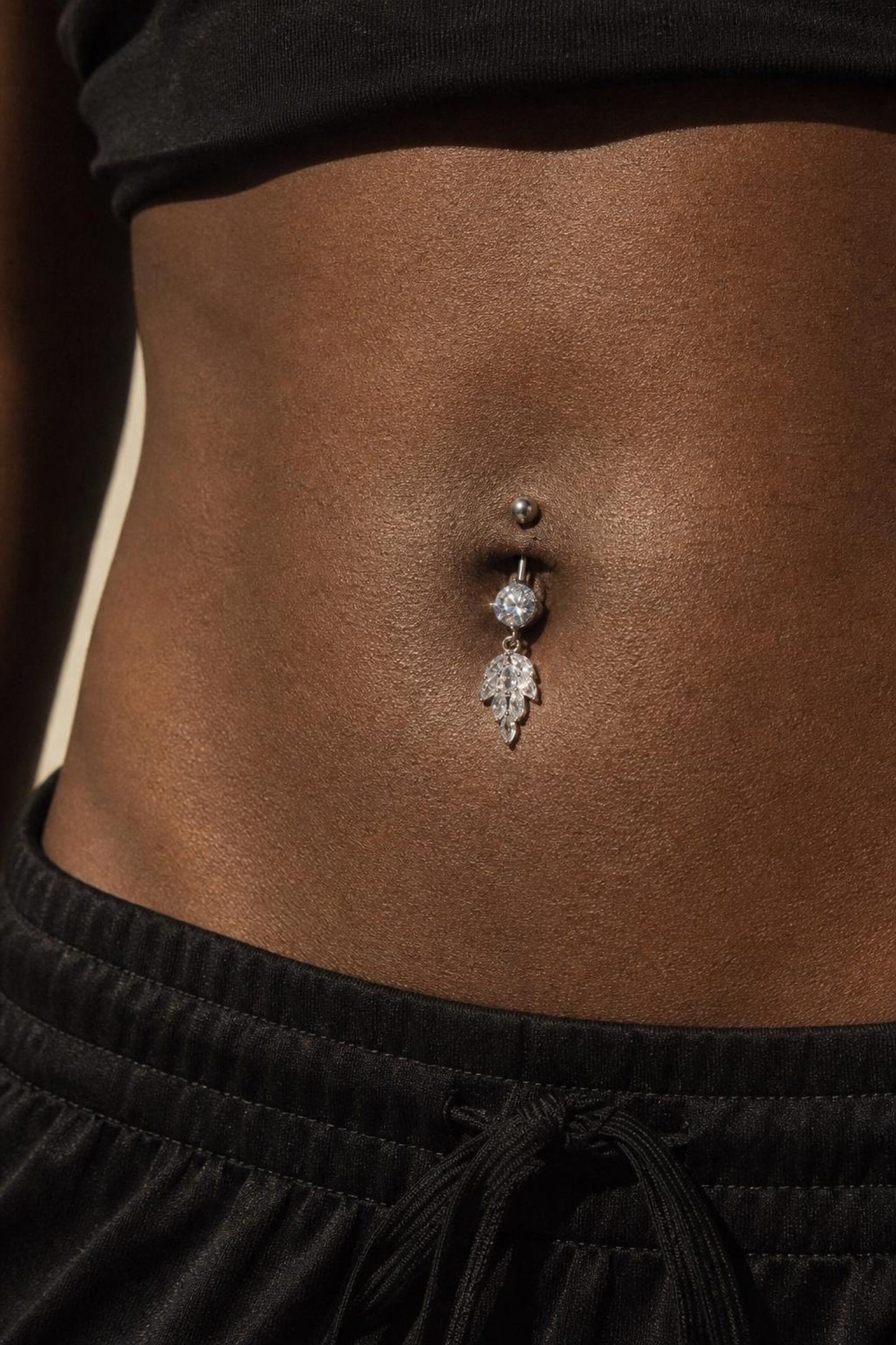 Stainless Steel Leaf Dangle Cubic Zirconia Belly Button Ring