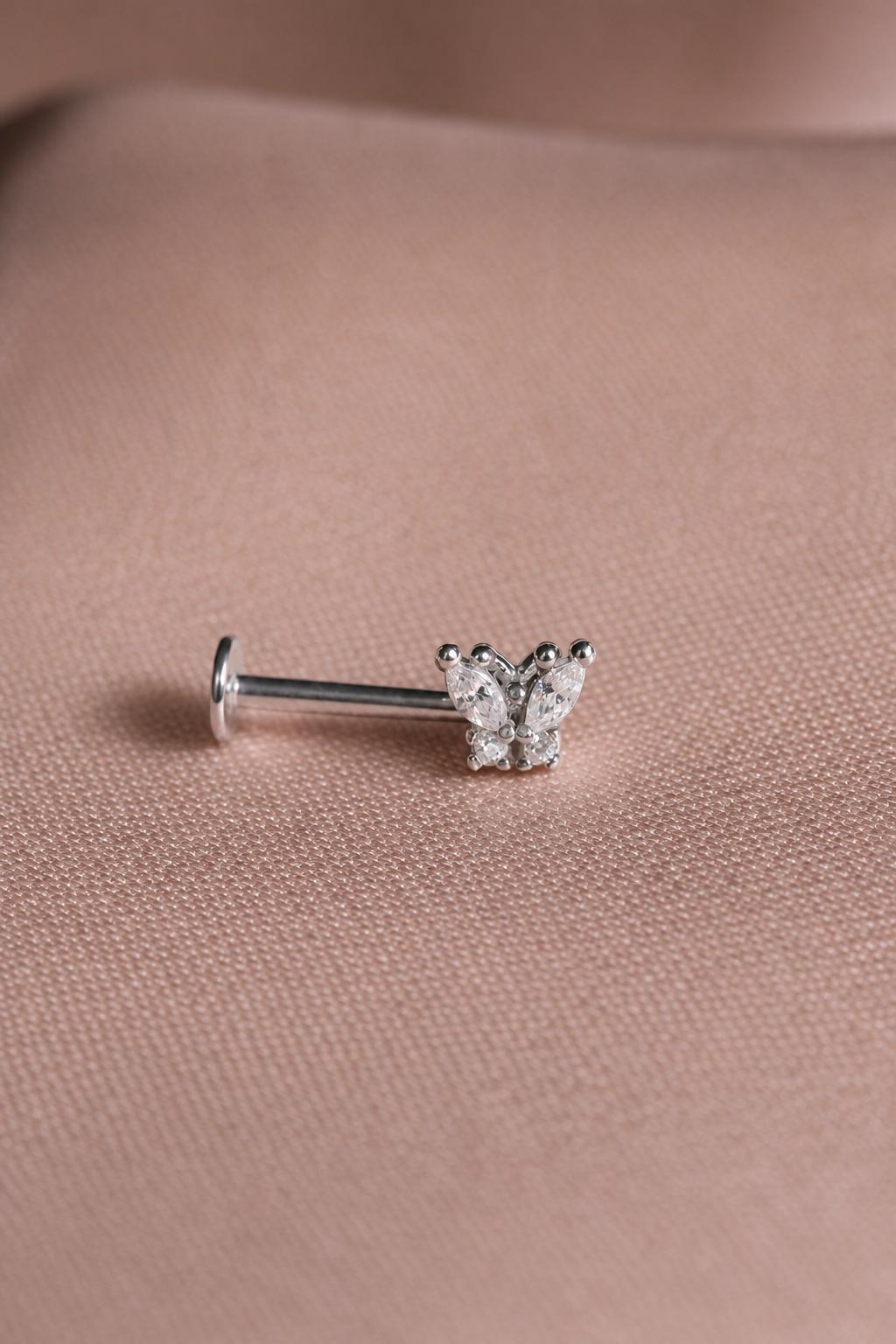 Stainless Steel Butterfly Cubic Zirconia Flat Back Cartilage Stud