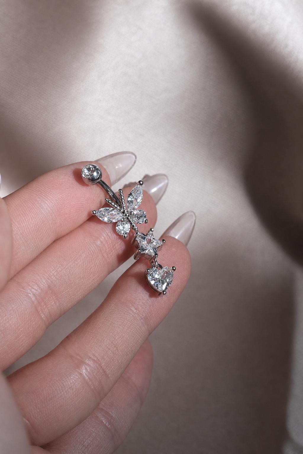 Silver Butterfly Star Heart Belly Ring, CZ Dangle Navel Piercing, Stainless Steel Body Jewelry