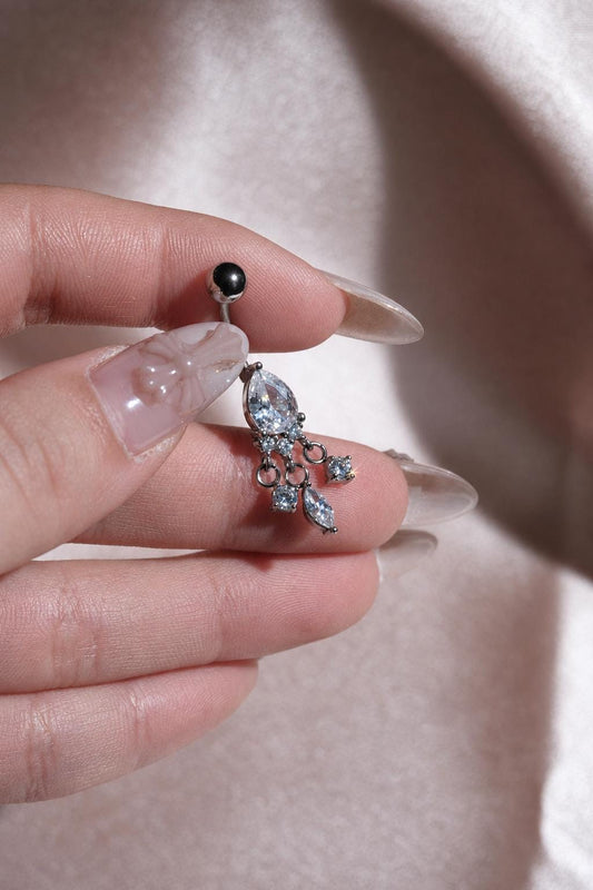 Silver Teardrop Chandelier Belly Ring, CZ Dangle Navel Piercing, Stainless Steel Body Jewelry