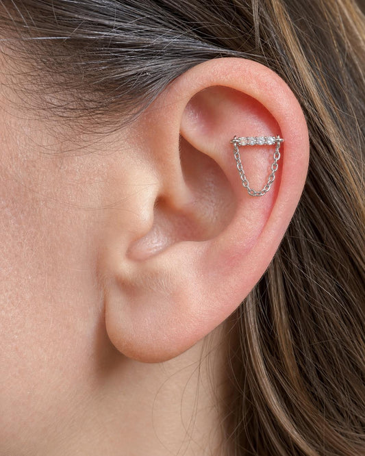 Silver CZ Chain Cartilage Piercing, Helix Earring, Stainless Steel Ear Jewelry