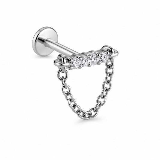 Silver CZ Chain Cartilage Piercing, Helix Earring, Stainless Steel Ear Jewelry