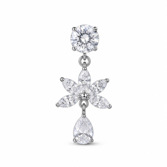 Silver Lotus Flower Teardrop Belly Ring, CZ Dangle Navel Piercing, Stainless Steel Jewelry