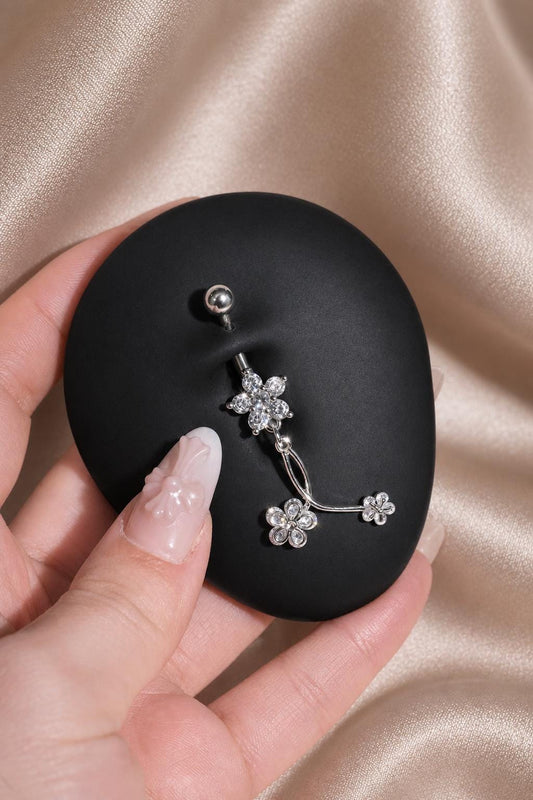 Silver Flower Branch Belly Button Ring, CZ Floral Dangle Navel Piercing, Stainless Steel Body Jewelry
