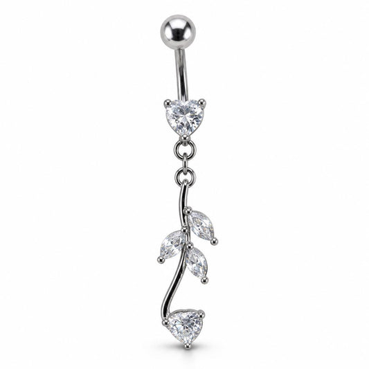 Silver Heart Vine Belly Button Ring, CZ Dangle Navel Piercing, Stainless Steel Body Jewelry
