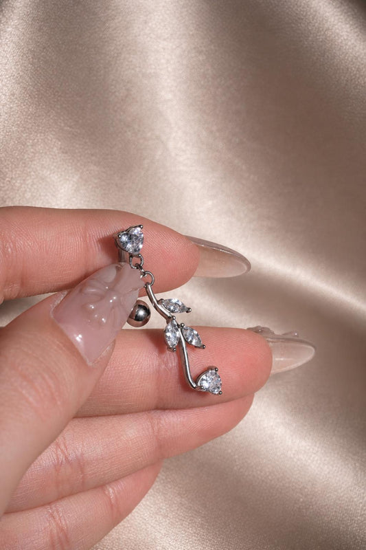 Silver Heart Vine Belly Button Ring, CZ Dangle Navel Piercing, Stainless Steel Body Jewelry