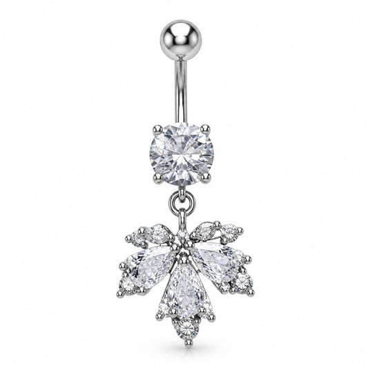 Silver Maple Leaf Belly Button Ring, CZ Dangle Navel Piercing, Stainless Steel Body Jewelry