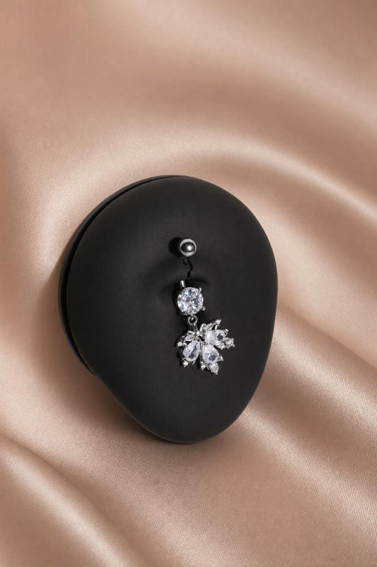 Silver Maple Leaf Belly Button Ring, CZ Dangle Navel Piercing, Stainless Steel Body Jewelry
