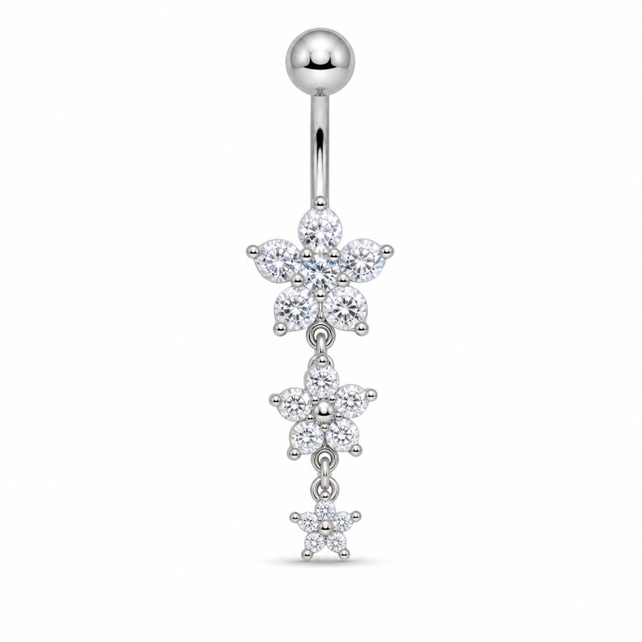 Silver Three Flower Belly Button Ring, CZ Floral Dangle Navel Piercing, Stainless Steel Body Jewelry