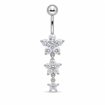 Silver Three Flower Belly Button Ring, CZ Floral Dangle Navel Piercing, Stainless Steel Body Jewelry