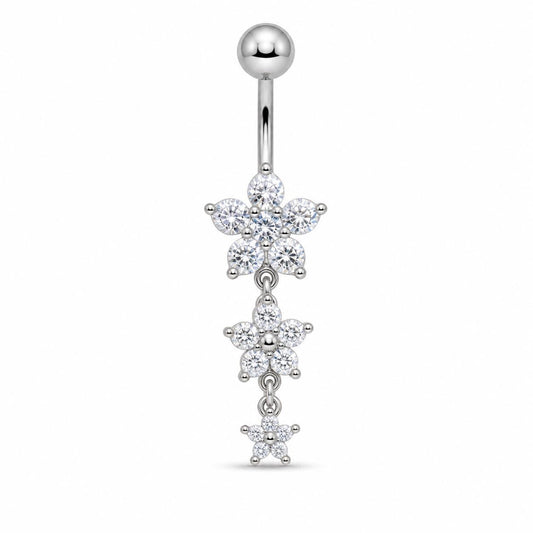 Silver Three Flower Belly Button Ring, CZ Floral Dangle Navel Piercing, Stainless Steel Body Jewelry