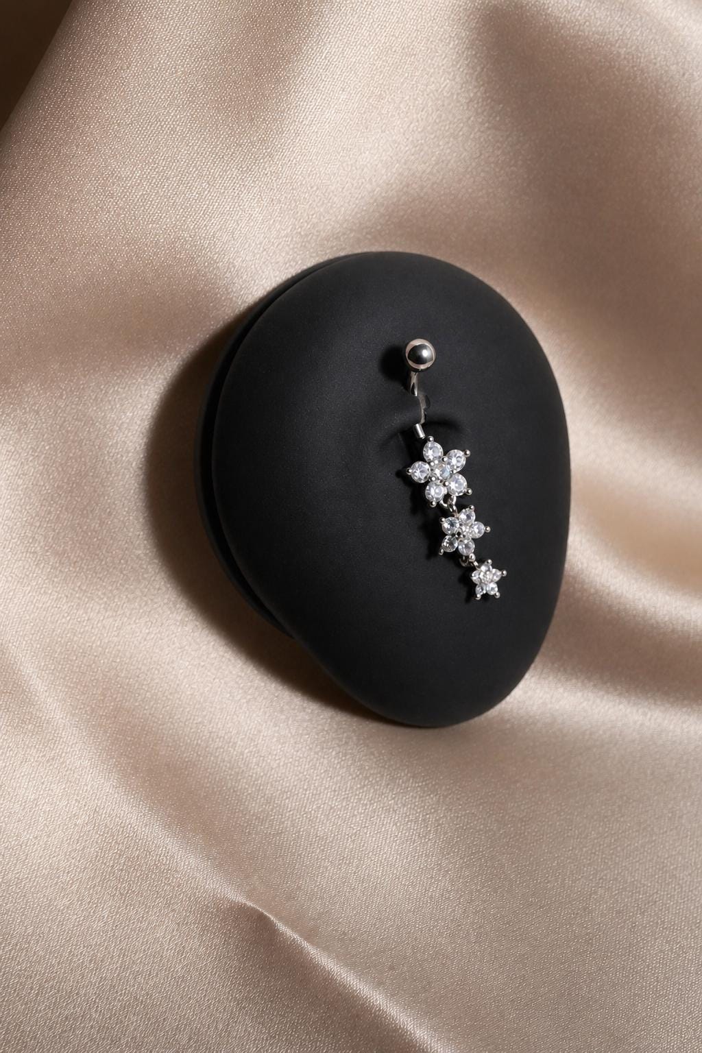 Silver Three Flower Belly Button Ring, CZ Floral Dangle Navel Piercing, Stainless Steel Body Jewelry