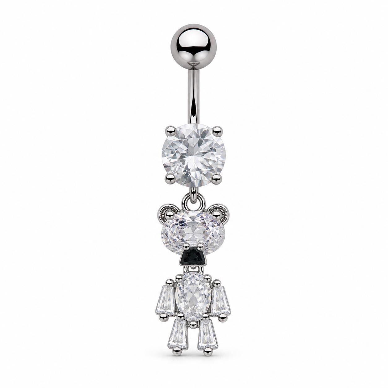 Silver Crystal Teddy Bear Belly Button Ring, CZ Dangle Navel Piercing, Stainless Steel Body Jewelry