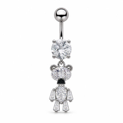Silver Crystal Teddy Bear Belly Button Ring, CZ Dangle Navel Piercing, Stainless Steel Body Jewelry