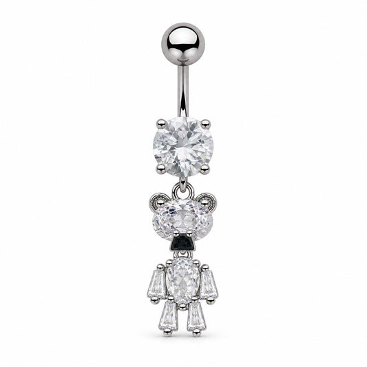 Silver Crystal Teddy Bear Belly Button Ring, CZ Dangle Navel Piercing, Stainless Steel Body Jewelry