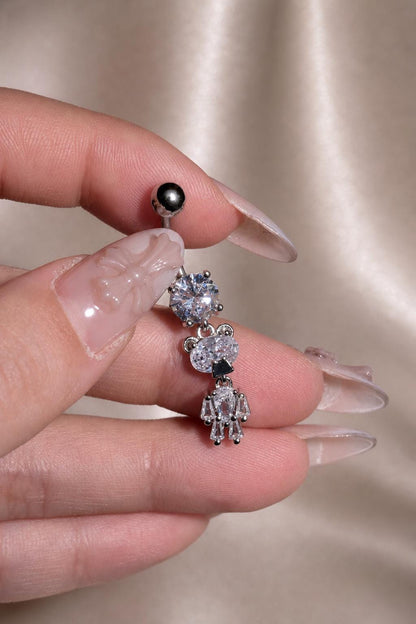 Silver Crystal Teddy Bear Belly Button Ring, CZ Dangle Navel Piercing, Stainless Steel Body Jewelry