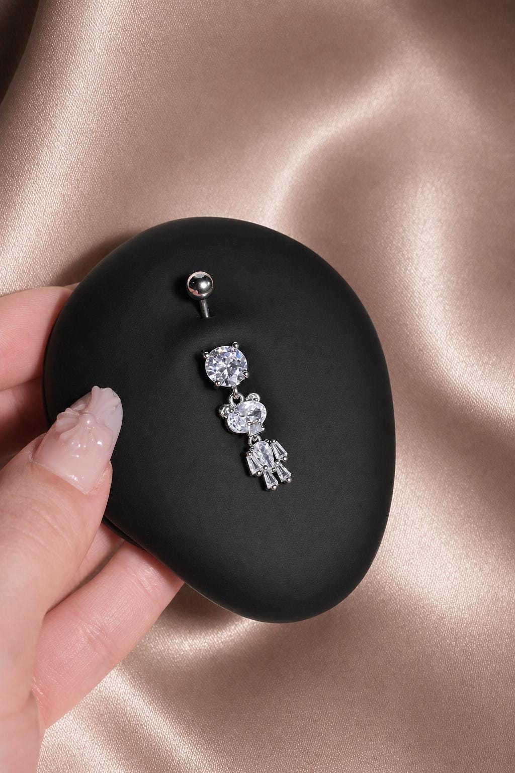 Silver Crystal Teddy Bear Belly Button Ring, CZ Dangle Navel Piercing, Stainless Steel Body Jewelry