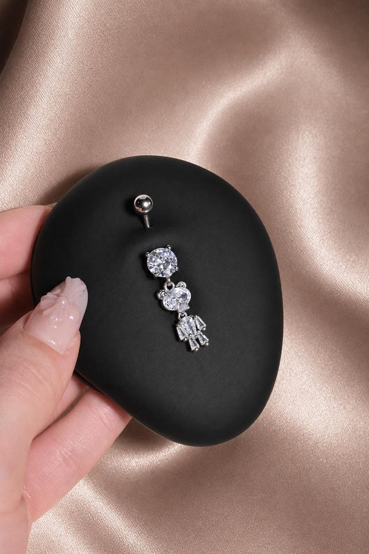Silver Crystal Teddy Bear Belly Button Ring, CZ Dangle Navel Piercing, Stainless Steel Body Jewelry
