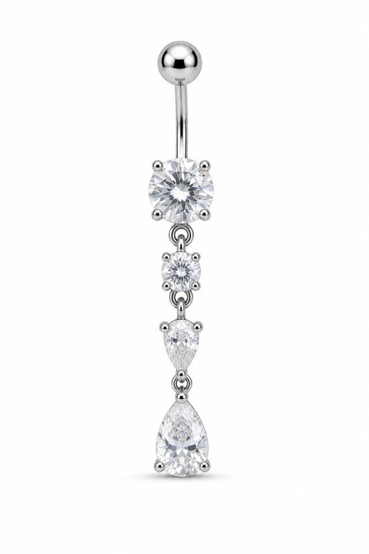 Silver Four Stone Dangle Belly Button Ring, CZ Crystal Drop Navel Piercing, Stainless Steel Body Jewelry