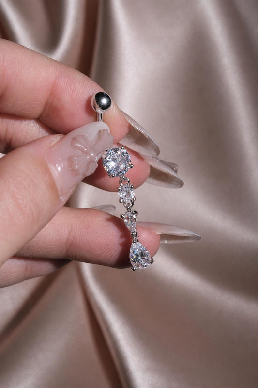 Silver Four Stone Dangle Belly Button Ring, CZ Crystal Drop Navel Piercing, Stainless Steel Body Jewelry