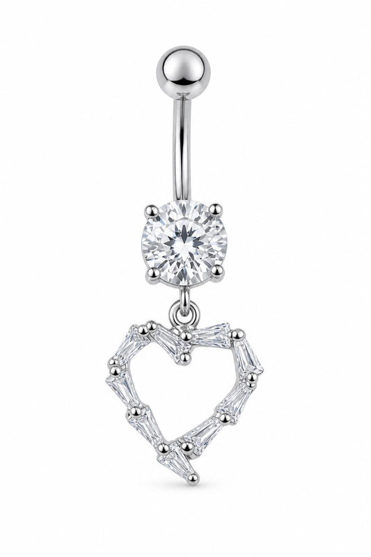 Silver Open Heart Belly Button Ring, Baguette CZ Dangle Navel Piercing, Stainless Steel Body Jewelry