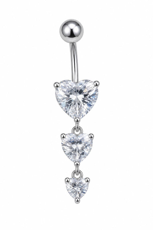 Silver Triple Heart Belly Button Ring, CZ Heart Dangle Navel Piercing, Stainless Steel Body Jewelry