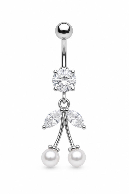 Silver Pearl Cherry Belly Button Ring, CZ Leaf Dangle Navel Piercing, Stainless Steel Body Jewelry