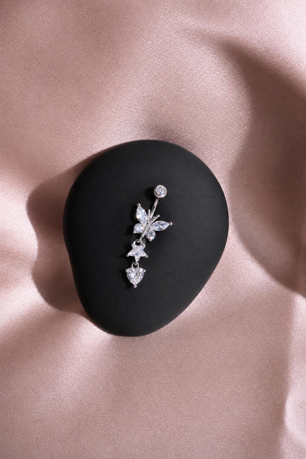 Silver Butterfly Star Heart Belly Ring, CZ Dangle Navel Piercing, Stainless Steel Body Jewelry