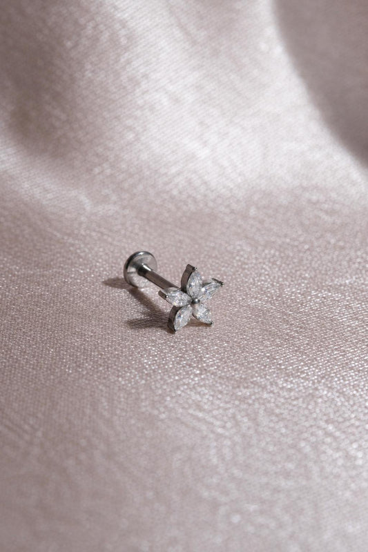 Silver Marquise Flower Flat Back Labret, CZ Cartilage Earring, Stainless Steel Helix Tragus Stud