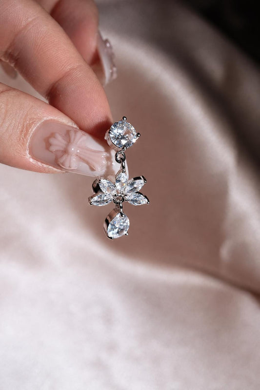 Silver Lotus Flower Teardrop Belly Ring, CZ Dangle Navel Piercing, Stainless Steel Jewelry